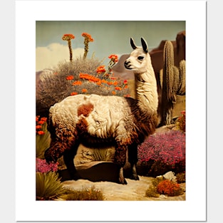 Vintage llama standing in the desert with flowers and cacti illustration Posters and Art